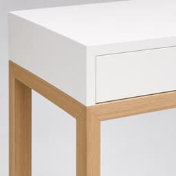 Aria Console Table — lower shelf and oak leg joint detail