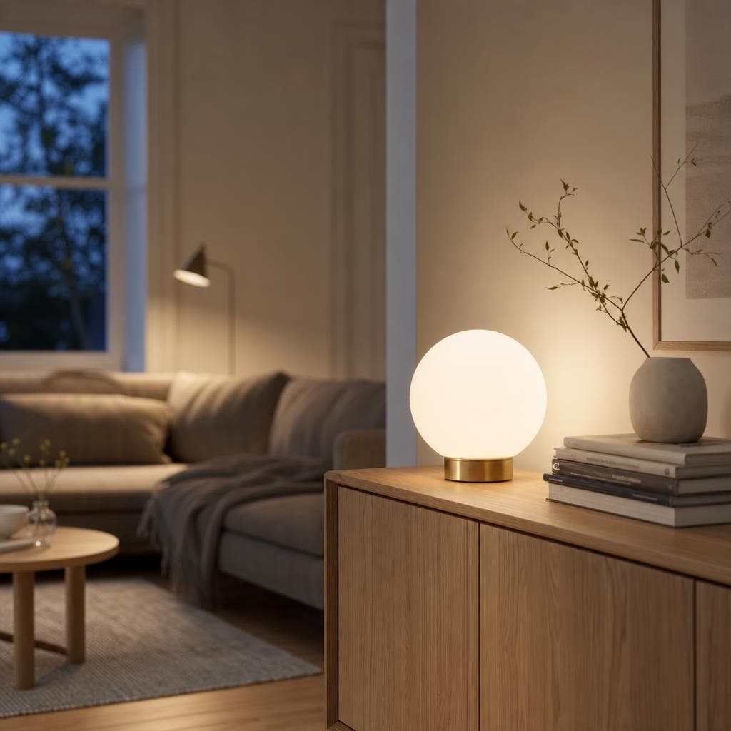 Opal glass table lamp on a sideboard