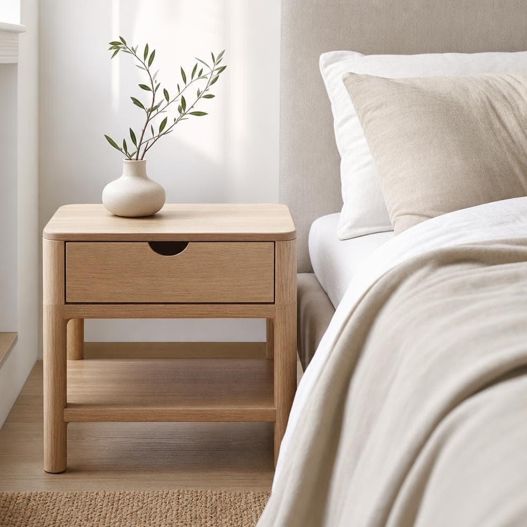 Styled bedroom with an oak nightstand